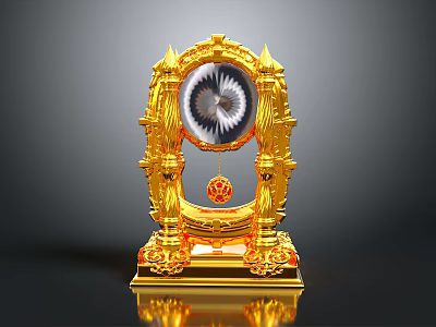 Golden Ornate Mantel Clock With Eye Shaped Dial And Red Orb Decorative Base 3d model