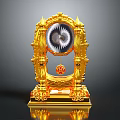 Golden Ornate Mantel Clock With Eye Shaped Dial And Red Orb Decorative Base