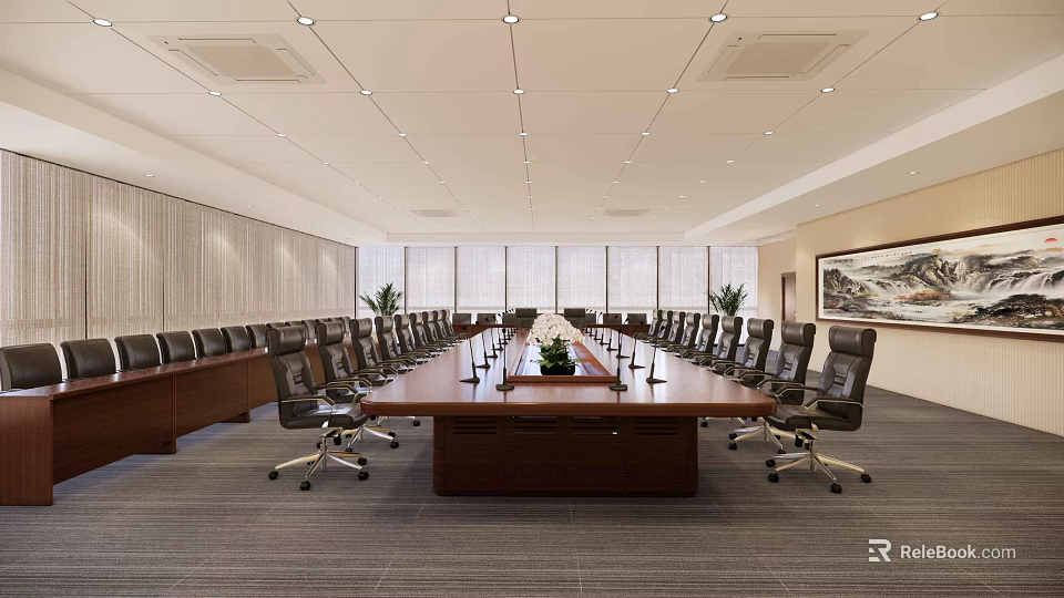 Spacious Conference Room Interior With Long Wooden Table Black Office Chairs And Green Plants 3d model 