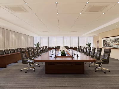 Spacious Conference Room Interior With Long Wooden Table Black Office Chairs And Green Plants 3d model
