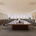 Spacious Conference Room Interior With Long Wooden Table Black Office Chairs And Green Plants