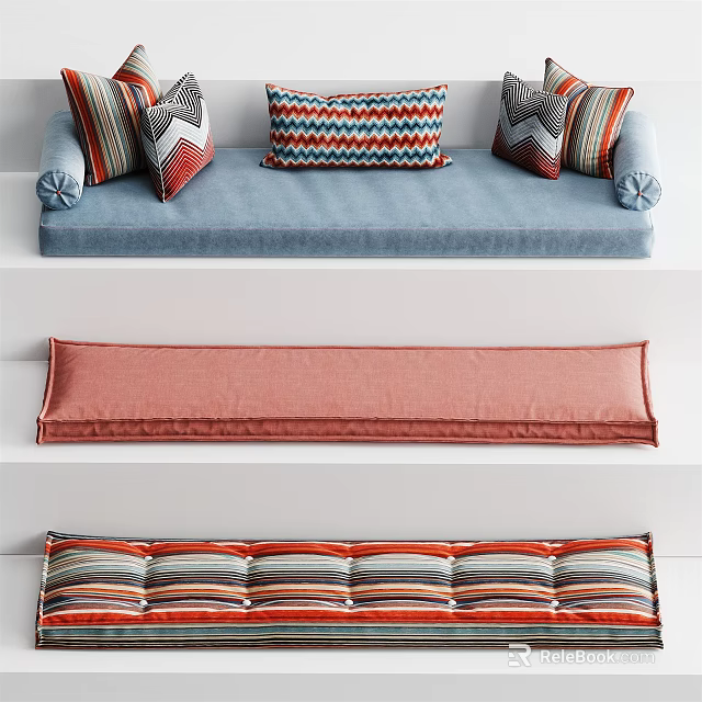 Blue Sofa With Geometric Pattern Pillows And Red Stripe Seat Cushions For Home Decor 3d model 