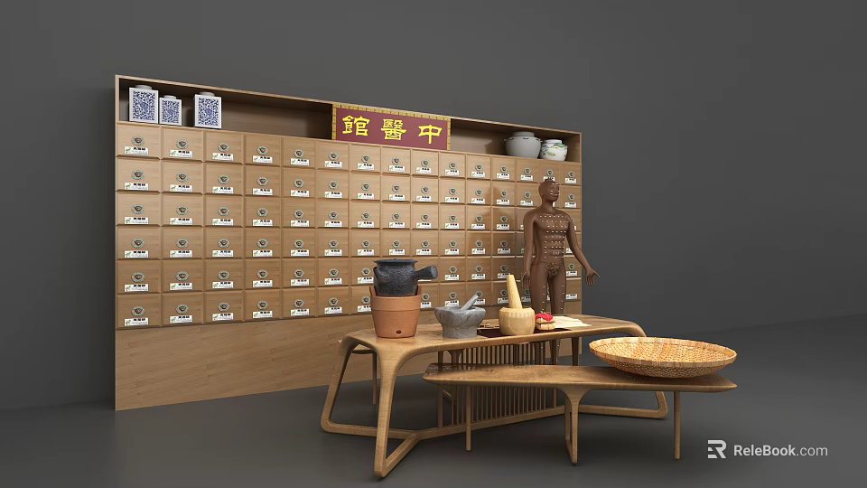 Traditional Chinese Medicine Storage Cabinet with Drawers Labels and Wood Table Clay Pots Acupuncture Model 3d model 