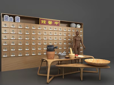 Traditional Chinese Medicine Storage Cabinet with Drawers Labels and Wood Table Clay Pots Acupuncture Model 3d model