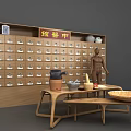 Traditional Chinese Medicine Storage Cabinet with Drawers Labels and Wood Table Clay Pots Acupuncture Model
