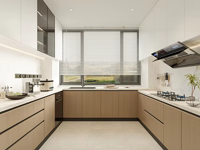 Modern Kitchen Interior With White And Wooden Cabinets Window Blinds Countertop And Appliances 3d model