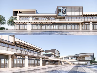 Modern Commercial Street With Large Glass Windows Multi storey Buildings And Spacious Neat Pedestrian Area 3d model