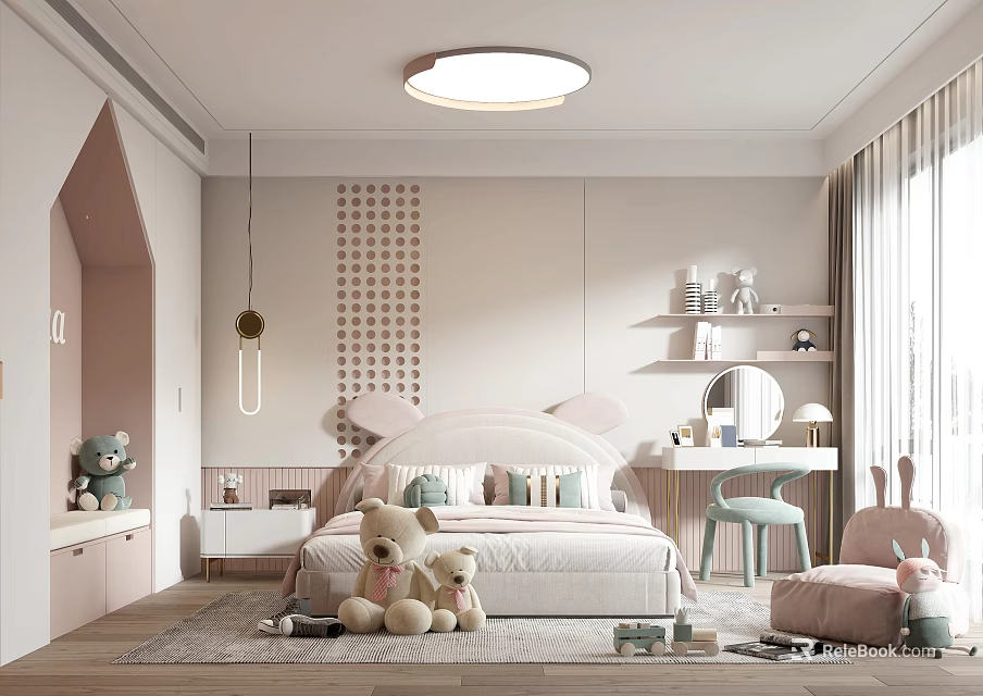 Cozy Kids Bedroom With Bunny Ear Bed Pastel Decor And Study Area 3d model 