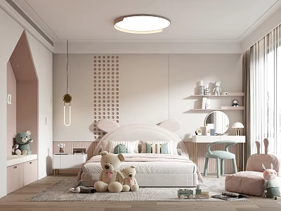 Cozy Kids Bedroom With Bunny Ear Bed Pastel Decor And Study Area 3d model