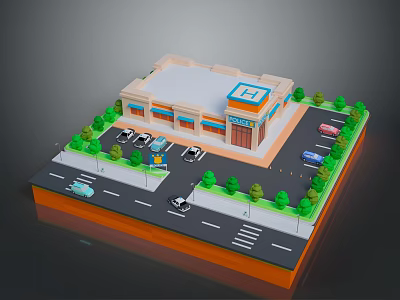 Scenic 3D Building Landscape With Trees Parking Lot Road And Vehicles 3d model