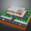 Scenic 3D Building Landscape With Trees Parking Lot Road And Vehicles