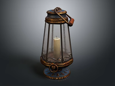 Vintage Decorative Lantern Featuring Metal Frame Glass Shade Candle And Ornate Handle Base 3d model