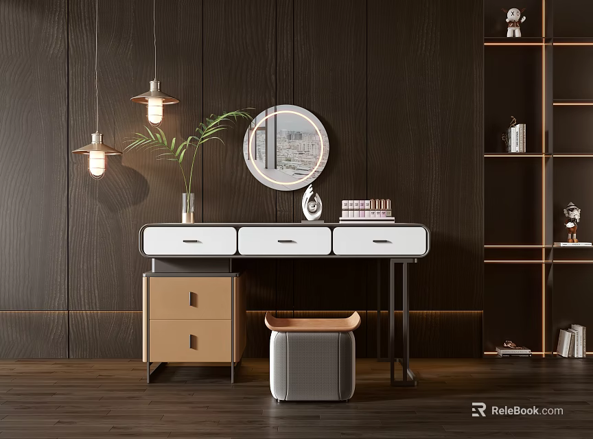 Modern Dressing Table with Round Mirror Green Plant and Hanging Lights on Dark Wooden Wall 3d model 