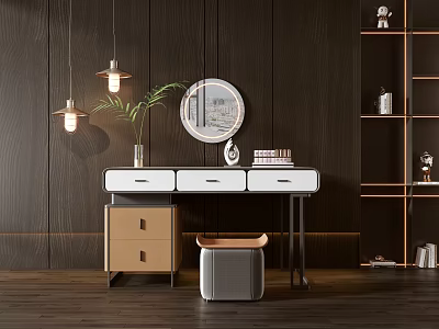 Modern Dressing Table with Round Mirror Green Plant and Hanging Lights on Dark Wooden Wall 3d model