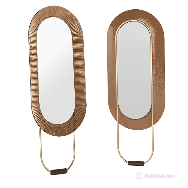Two Oval Mirrors With Ribbed Bronze Frames And Metal Stands For Modern Decor 3d model