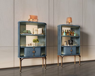 Blue Sideboards with Gold Legs Glass Doors Featuring Books Green Plant Lamp Wine Bottles 3d model