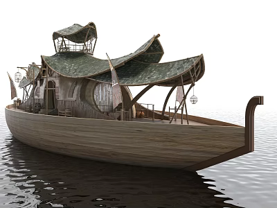 Traditional Wooden Boat With Canopies Floating On Water 3d model