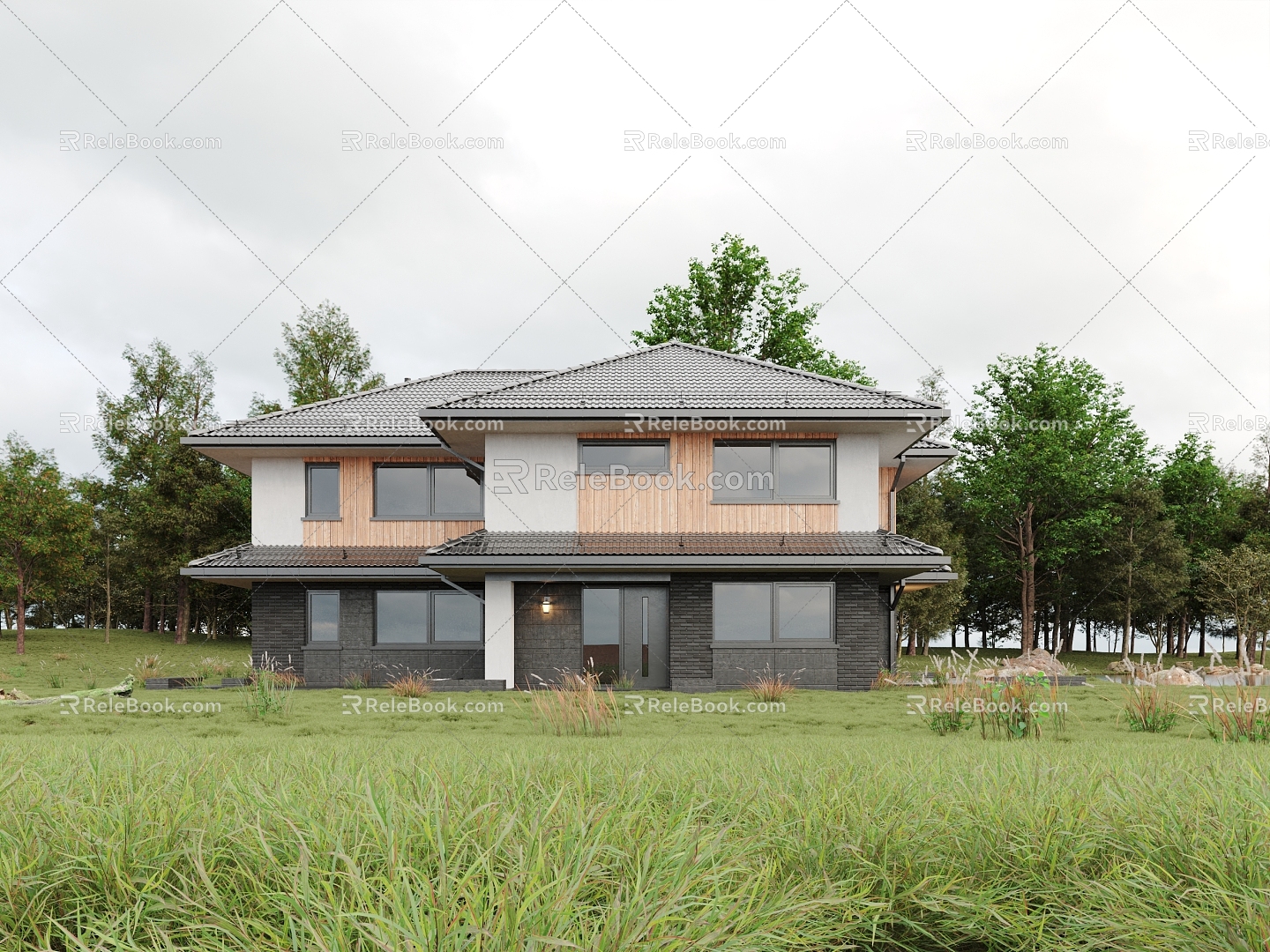 Villa Facade Building Facade Grass Lawn Trees Single House 3d model