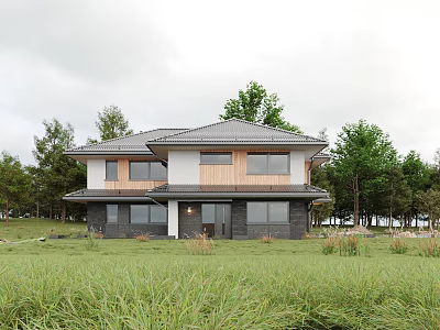 Two Story Detached House With Gray Roof Wooden White Walls In Green Grassland And Trees 3d model