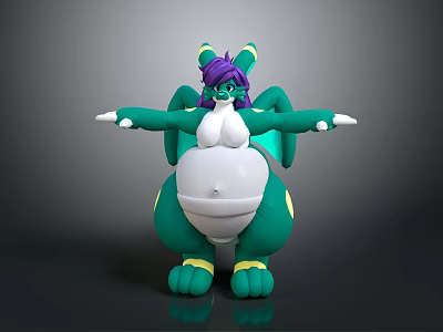 Anthropomorphic Green Creature Character With Purple Hair Wings White Belly Yellow Claws And Outstretched Arms 3d model