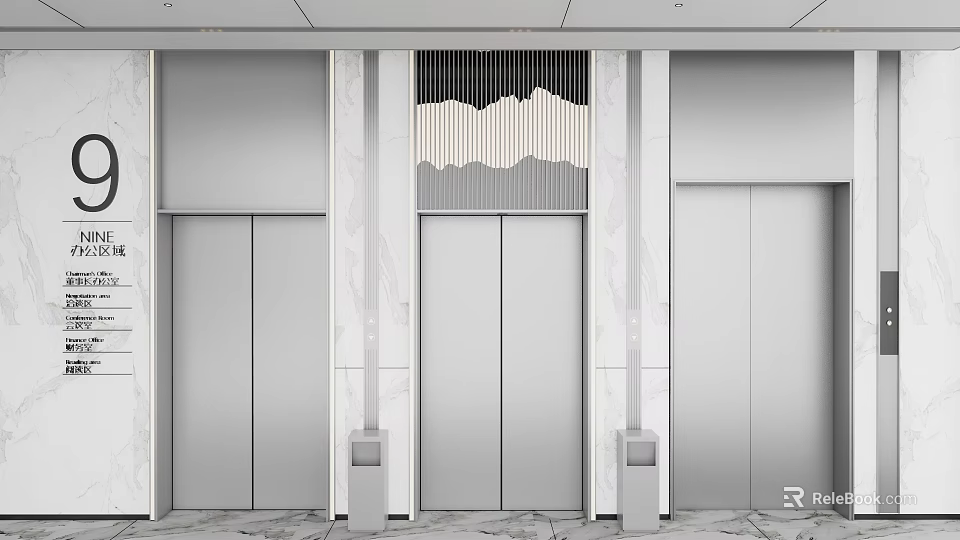 Modern Elevator Lobby Design With Marble Walls Silver Elevator Doors And Wavy Decorative Ceiling 3d model