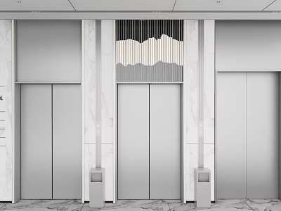 Modern Elevator Lobby Design With Marble Walls Silver Elevator Doors And Wavy Decorative Ceiling 3d model
