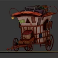 Vintage Red Carriage Loaded With Colorful Luggage And Decorative Wooden Wheels