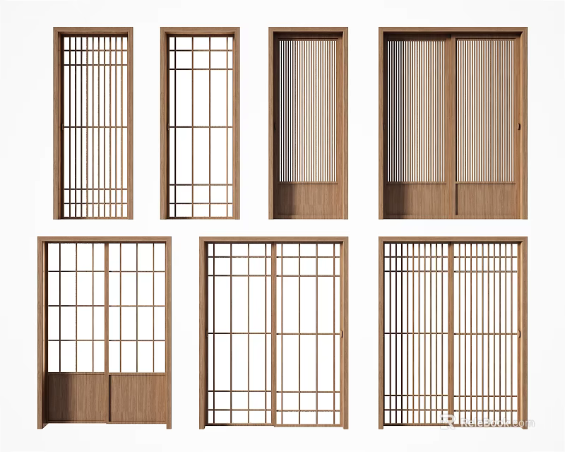 Various Wooden Sliding Doors With Grid Patterns For Home Interior Design 3d model
