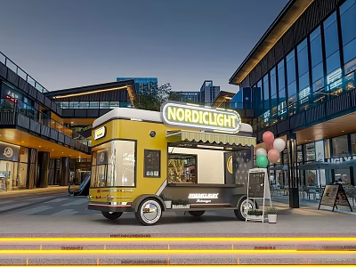 Yellow NORDICLIGHT Food Truck In Outdoor Commercial Area With Modern Buildings And Balloon Decorations 3d model