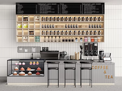 Coffee Tea Shop Reception Counter with Cupcake Display Case Coffee Machines and Shelves of Mugs 3d model