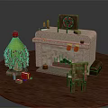 Christmas Themed Fireplace With Wreath Stockings Tree And Wooden Chair Toys On Floor