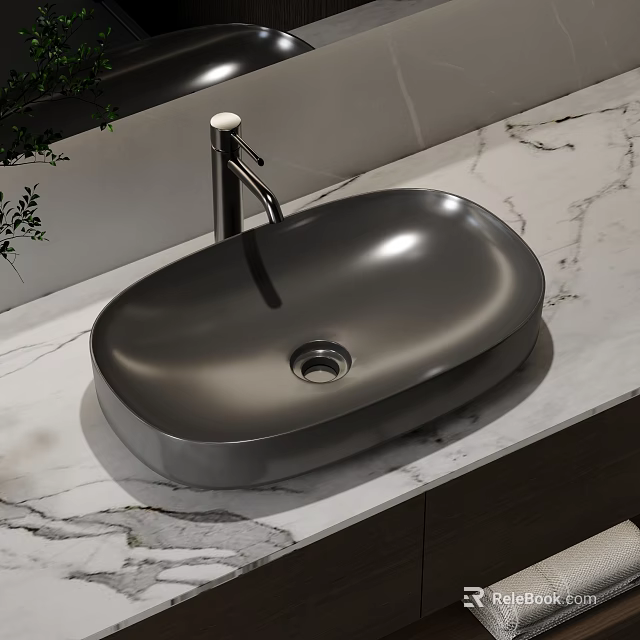 Stylish Modern Bathroom Oval Black Washbasin With Sleek Chrome Faucet On Marble Countertop 3d model 