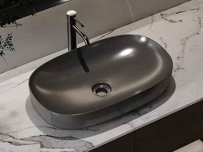Stylish Modern Bathroom Oval Black Washbasin With Sleek Chrome Faucet On Marble Countertop 3d model