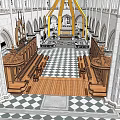 Grand Church Interior Featuring Arched Architecture Wooden Benches And Checkerboard Floor