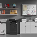 Organized Office Workspace With Shelves Globe Whiteboard Printers And Cabinets 3d model