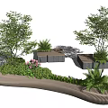 Outdoor Landscape Seats With Curved Wooden Design And Green Plants Trees Flowers