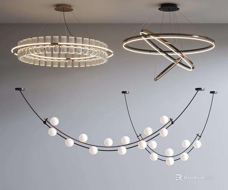 Modern Interior Chandeliers Featuring Circular Glass Rings Intersecting Hoops And Spherical Bulbs 3d model 