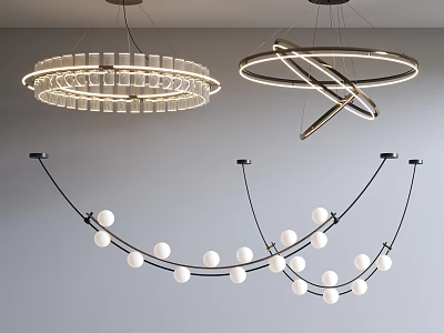 Modern Interior Chandeliers Featuring Circular Glass Rings Intersecting Hoops And Spherical Bulbs 3d model