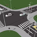 Road Infrastructure with Crosswalks Street Lamps Vehicles and Green Trees at Intersection