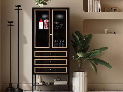 Elegant Modern Wine Cabinet With Glass Doors Drawers And Potted Plant Decorative Items 3d model