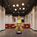 Religious Worship Space Featuring Yellow Arch Altar Table Candlesticks Incense Burners Mats And Colorful Murals