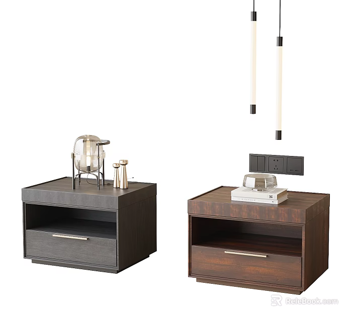 Modern Bedside Tables in Dark Gray and Brown with Drawers Lamp and Hanging Lights 3d model 