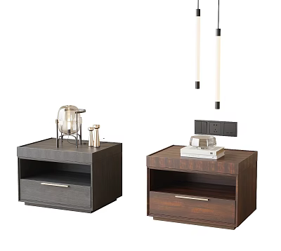 Modern Bedside Tables in Dark Gray and Brown with Drawers Lamp and Hanging Lights 3d model