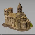 Historic Stone Building Model Featuring Pointed Tower Domes And Arched Windows 3d model