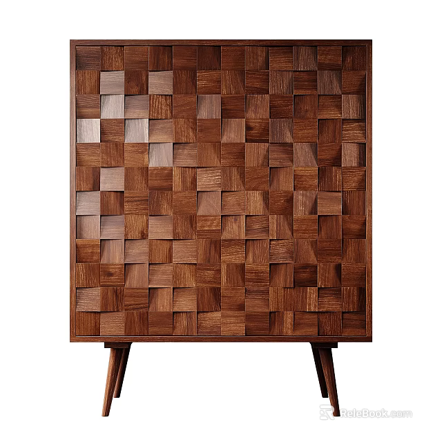 Modern Wooden Decorative Cabinet With Patchwork Square Design And Three Legs 3d model