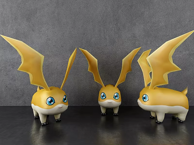 Three Cute Plush Toys With Yellow Wings Blue Eyes On Black Surface Against Gray Wall 3d model