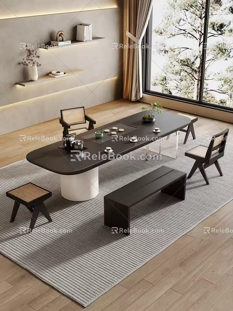 Cream Style Large Board Table Tea Table and Chair Combination Tea Table Tea Table Tea Room Tea Table Balcony Tea Table 3d model