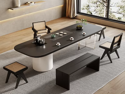 Modern Black Tea Table and Chairs Bench with Tea Set Cups on Rug by Window 3d model