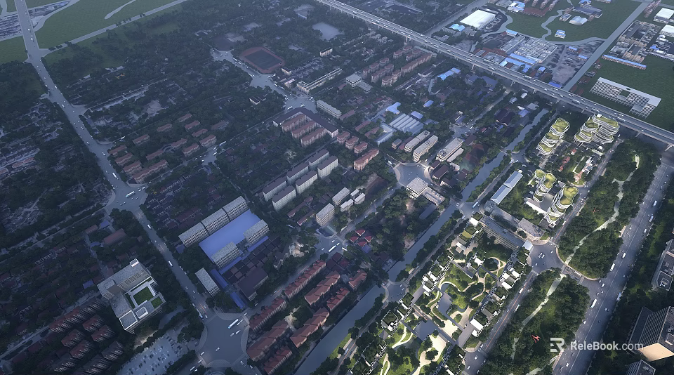 Aerial Planning View Of Urban Residential Areas With Road Networks And Green Spaces 3d model 
