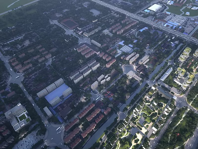 Aerial Planning View Of Urban Residential Areas With Road Networks And Green Spaces 3d model